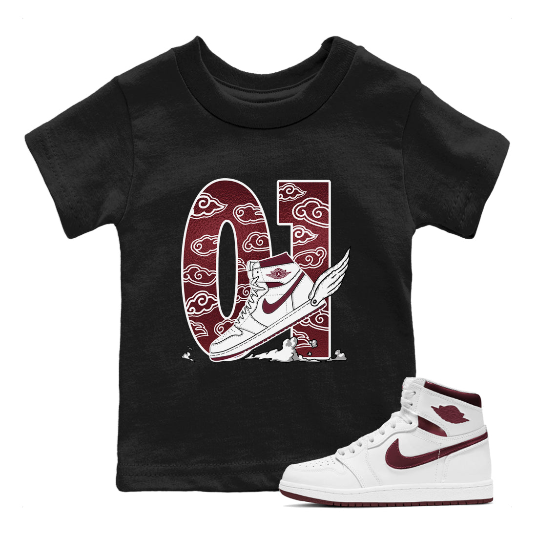 AJ1 High '85 Metallic Burgundy shirts to match jordans Fly To The Clouds sneaker match tees 1s High '85 Metallic Burgundy Drip Gear Zone streetwear brand Baby and Youth Black 1 cotton tee