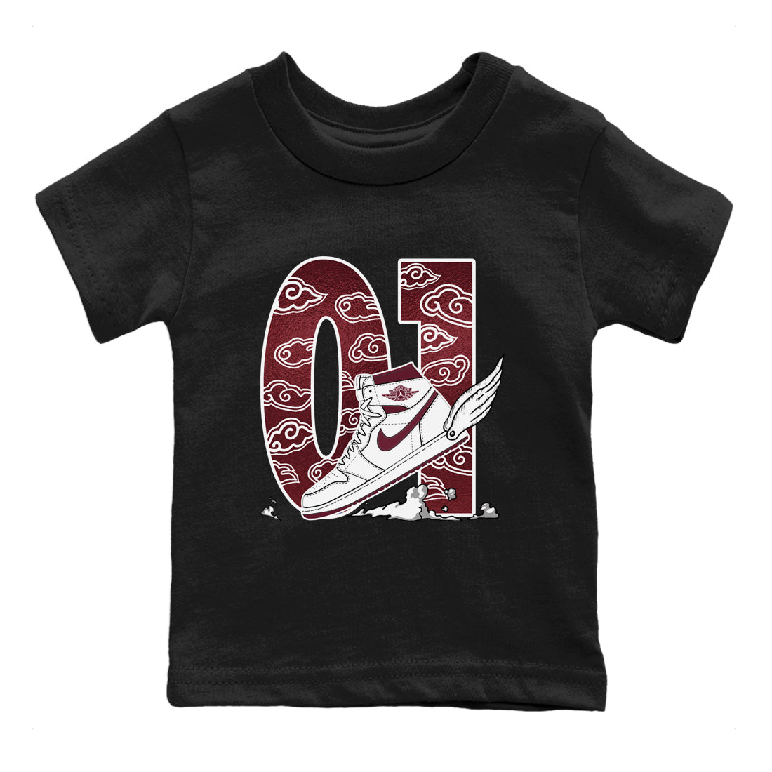 AJ1 High '85 Metallic Burgundy shirts to match jordans Fly To The Clouds sneaker match tees 1s High '85 Metallic Burgundy Drip Gear Zone streetwear brand Baby and Youth Black 2 cotton tee
