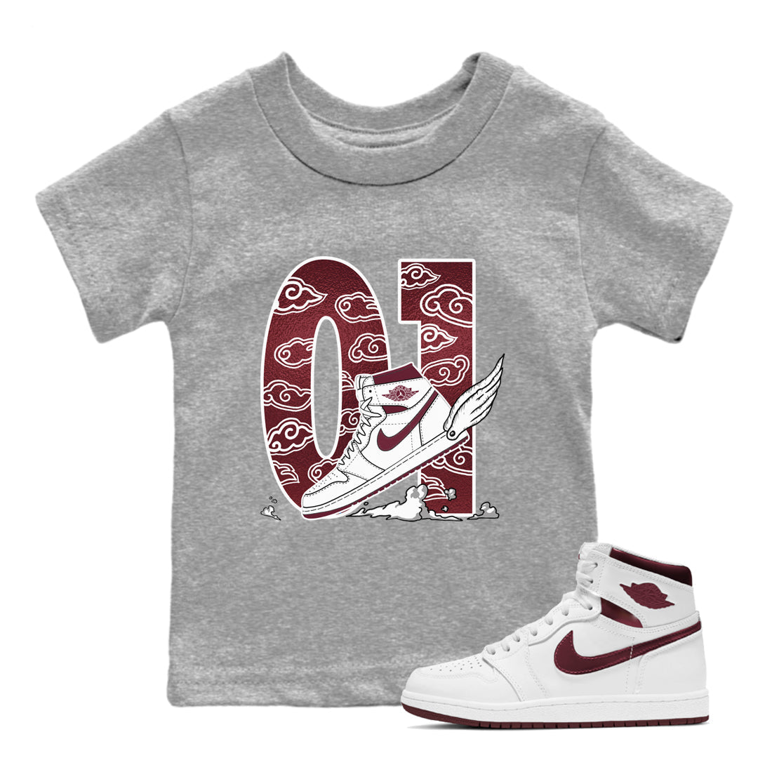 AJ1 High '85 Metallic Burgundy shirts to match jordans Fly To The Clouds sneaker match tees 1s High '85 Metallic Burgundy Drip Gear Zone streetwear brand Baby and Youth Heather Grey 1 cotton tee