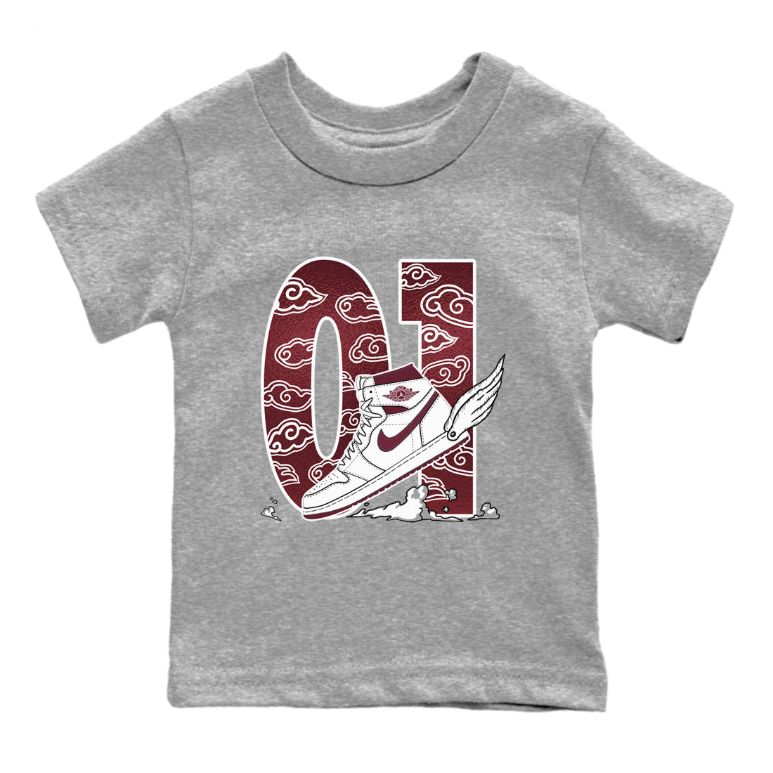 AJ1 High '85 Metallic Burgundy shirts to match jordans Fly To The Clouds sneaker match tees 1s High '85 Metallic Burgundy Drip Gear Zone streetwear brand Baby and Youth Heather Grey 2 cotton tee