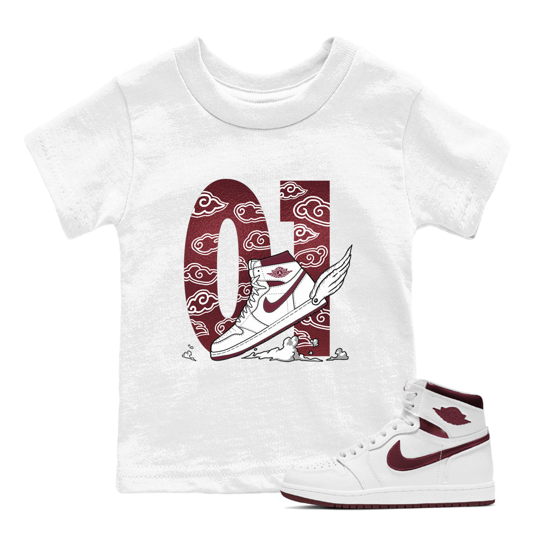 AJ1 High '85 Metallic Burgundy shirts to match jordans Fly To The Clouds sneaker match tees 1s High '85 Metallic Burgundy Drip Gear Zone streetwear brand Baby and Youth White 1 cotton tee