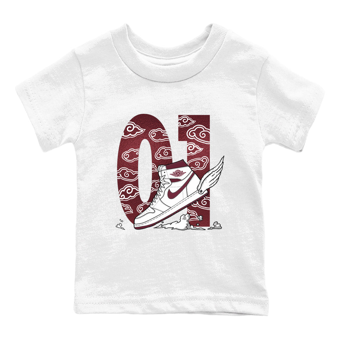 AJ1 High '85 Metallic Burgundy shirts to match jordans Fly To The Clouds sneaker match tees 1s High '85 Metallic Burgundy Drip Gear Zone streetwear brand Baby and Youth White 2 cotton tee