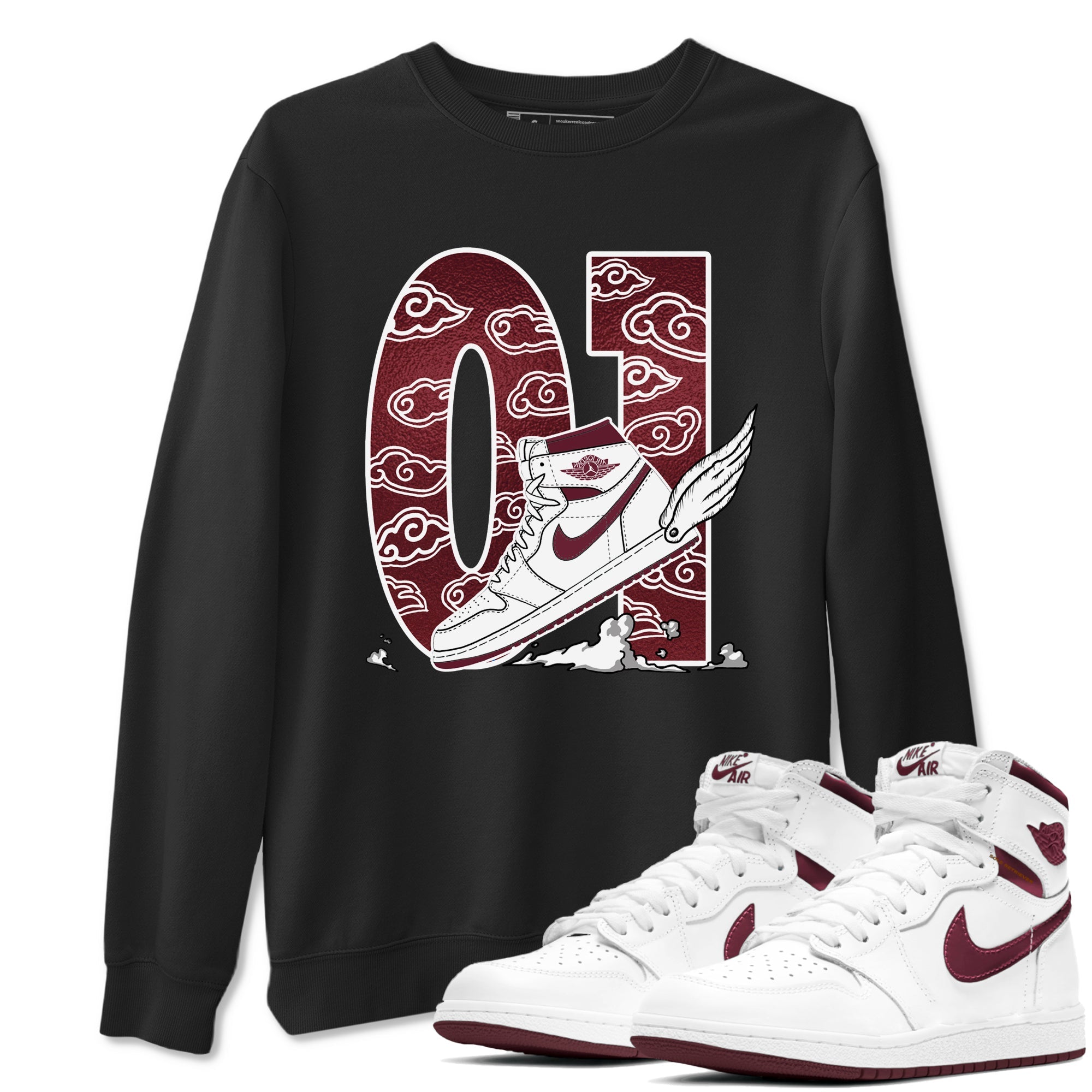 AJ1 High '85 Metallic Burgundy shirts to match jordans Fly To The Clouds sneaker match tees 1s High '85 Metallic Burgundy Drip Gear Zone streetwear brand Black 1 unisex cotton tee