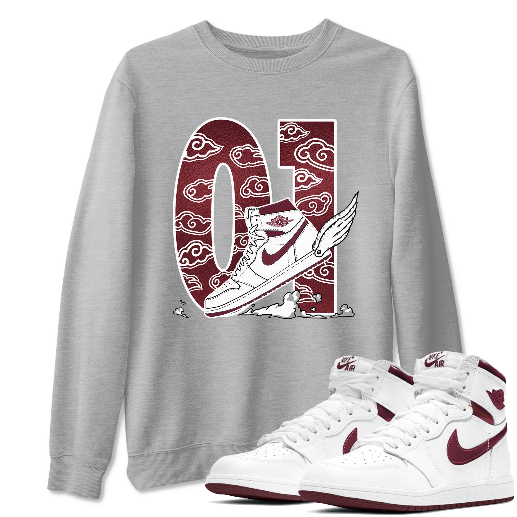 AJ1 High '85 Metallic Burgundy shirts to match jordans Fly To The Clouds sneaker match tees 1s High '85 Metallic Burgundy Drip Gear Zone streetwear brand Heather Grey 1 unisex cotton tee