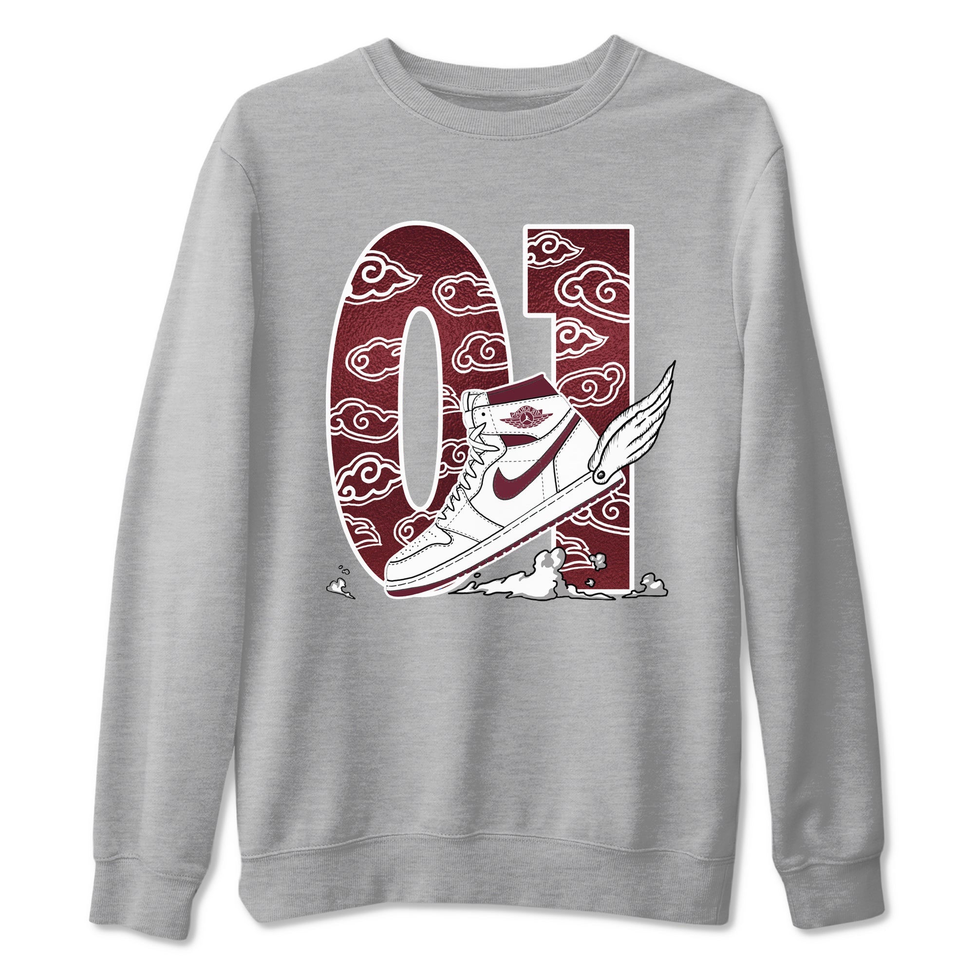 AJ1 High '85 Metallic Burgundy shirts to match jordans Fly To The Clouds sneaker match tees 1s High '85 Metallic Burgundy Drip Gear Zone streetwear brand Heather Grey 2 unisex cotton tee