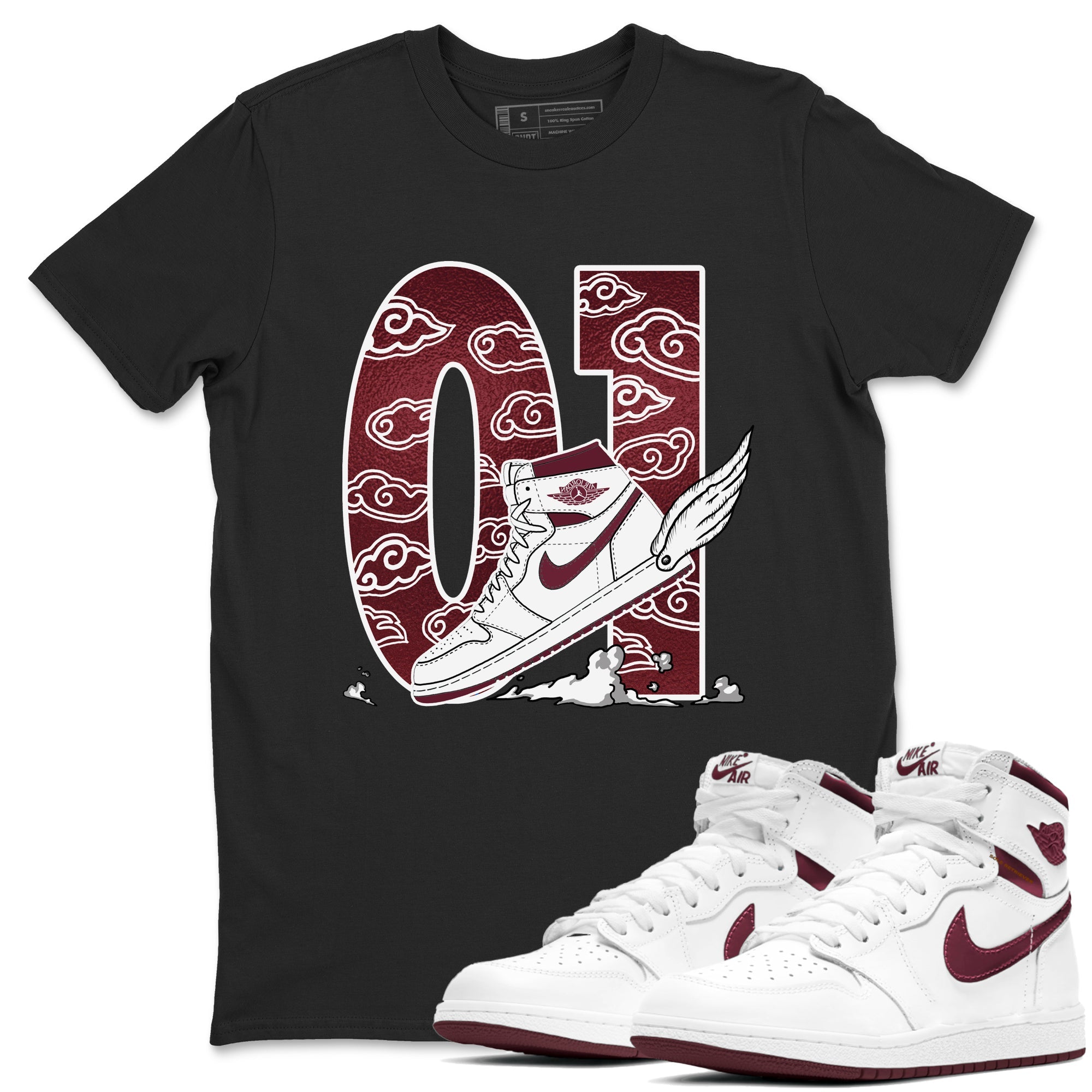 AJ1 High '85 Metallic Burgundy shirts to match jordans Fly To The Clouds sneaker match tees 1s High '85 Metallic Burgundy Drip Gear Zone streetwear brand Black 1 unisex cotton tee