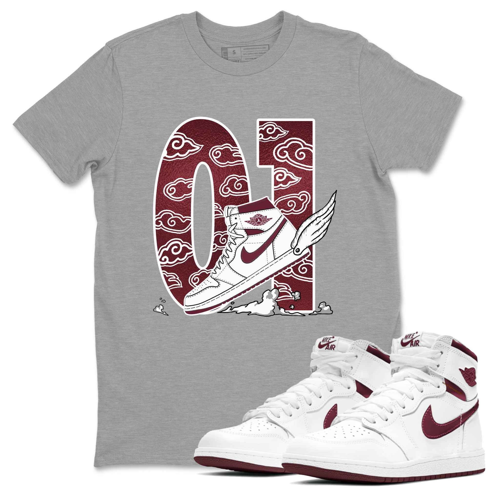 AJ1 High '85 Metallic Burgundy shirts to match jordans Fly To The Clouds sneaker match tees 1s High '85 Metallic Burgundy Drip Gear Zone streetwear brand Heather Grey 1 unisex cotton tee