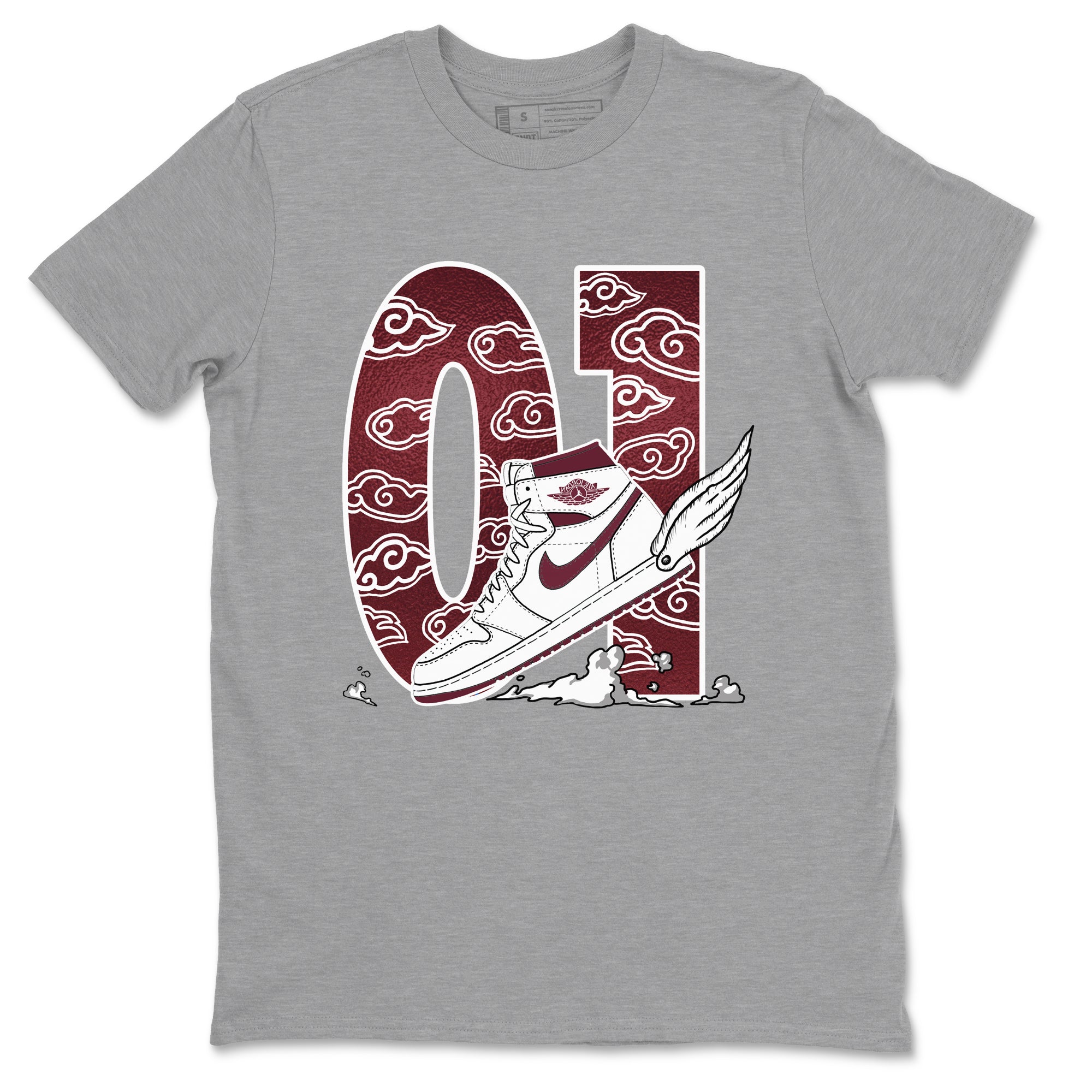 AJ1 High '85 Metallic Burgundy shirts to match jordans Fly To The Clouds sneaker match tees 1s High '85 Metallic Burgundy Drip Gear Zone streetwear brand Heather Grey 2 unisex cotton tee