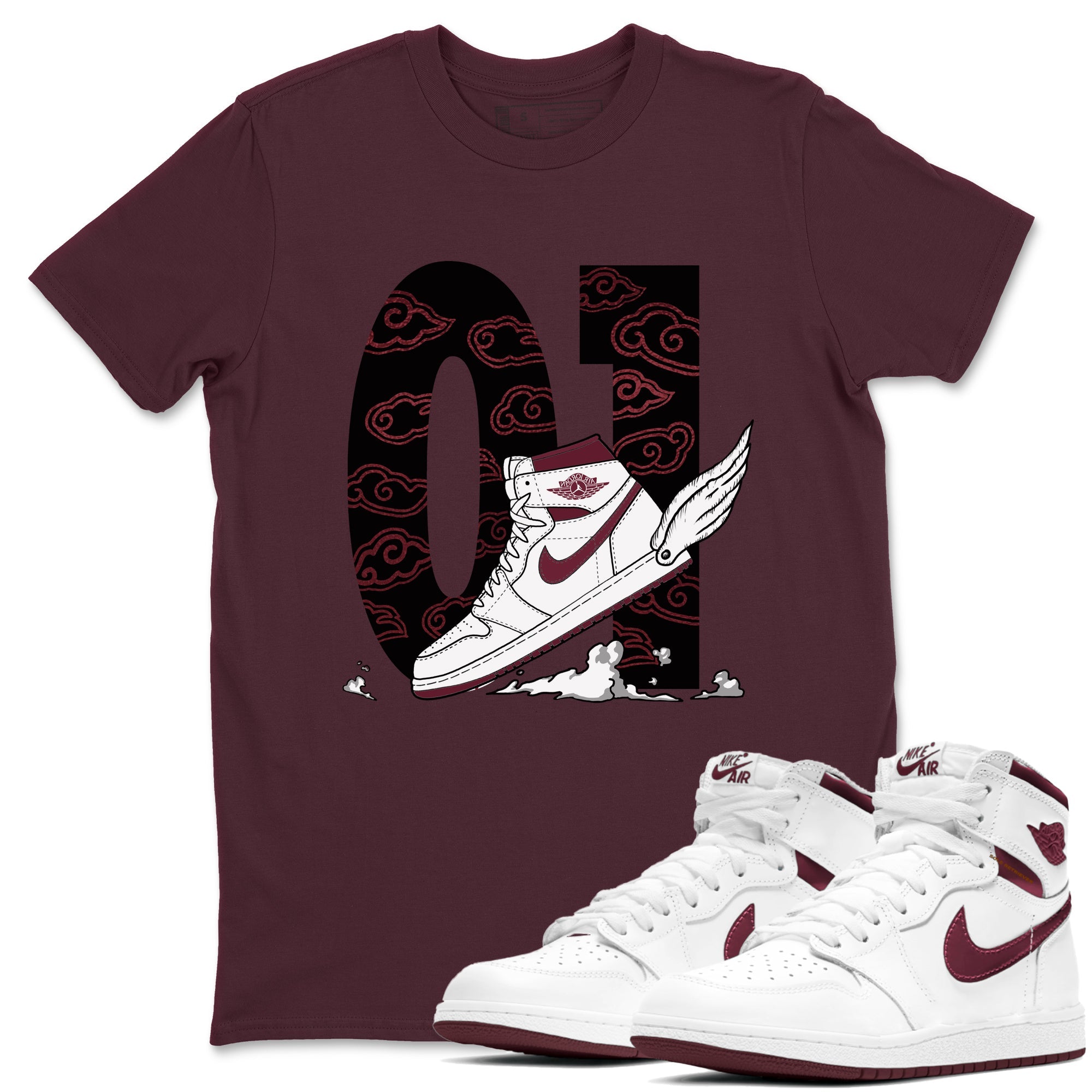AJ1 High '85 Metallic Burgundy shirts to match jordans Fly To The Clouds sneaker match tees 1s High '85 Metallic Burgundy Drip Gear Zone streetwear brand Maroon 1 unisex cotton tee