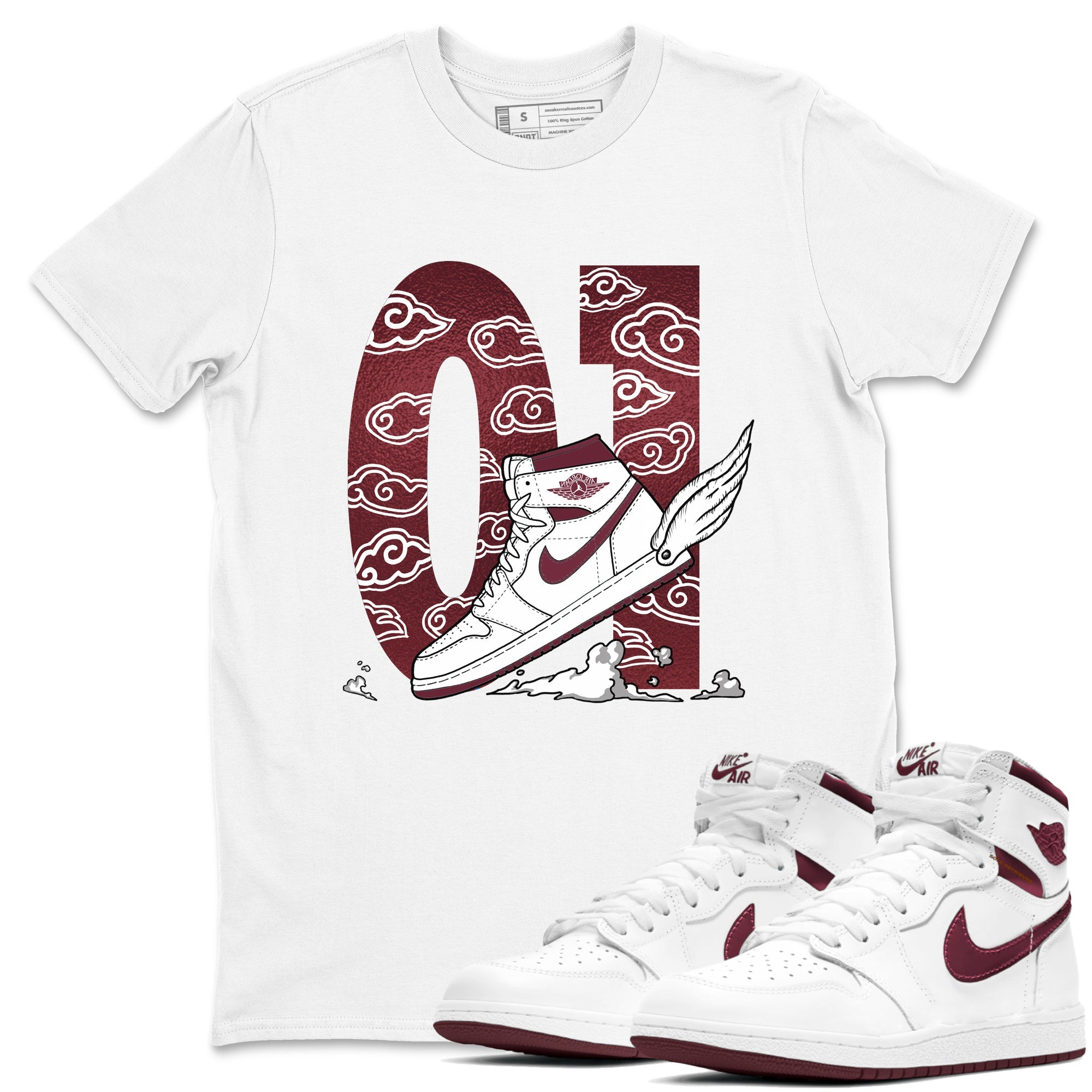 AJ1 High '85 Metallic Burgundy shirts to match jordans Fly To The Clouds sneaker match tees 1s High '85 Metallic Burgundy Drip Gear Zone streetwear brand White 1 unisex cotton tee