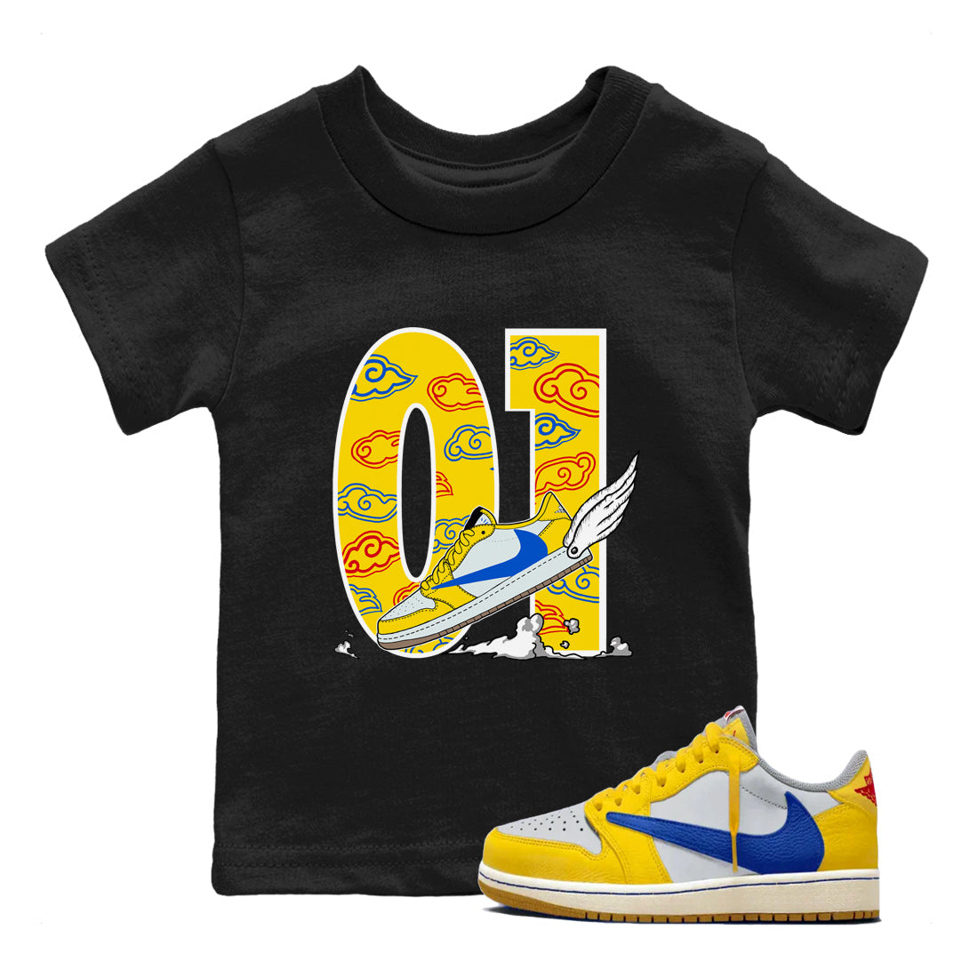 1s Travis Scott Canary shirt to match jordans Fly To The Clouds sneaker tees Air Jordan 1 Travis Scott Canary Drip Gear Zone baby toddler Black 1 cotton Shirt