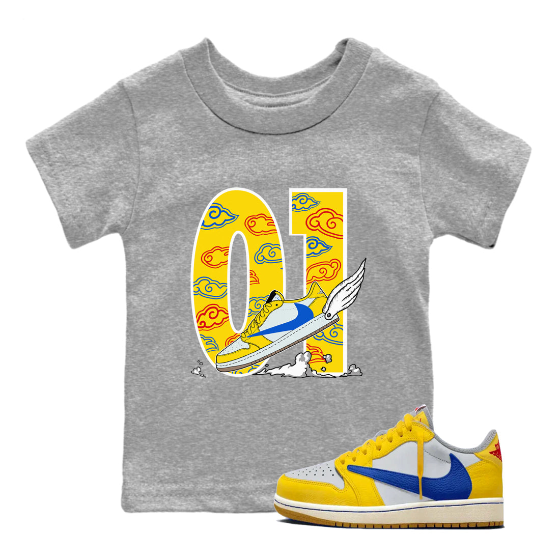 1s Travis Scott Canary shirt to match jordans Fly To The Clouds sneaker tees Air Jordan 1 Travis Scott Canary Drip Gear Zone baby toddler Heather Grey 1 cotton Shirt