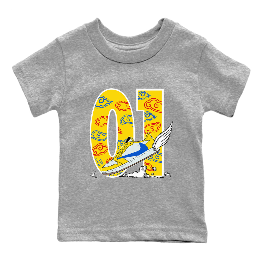 1s Travis Scott Canary shirt to match jordans Fly To The Clouds sneaker tees Air Jordan 1 Travis Scott Canary Drip Gear Zone baby toddler Heather Grey 2 cotton Shirt