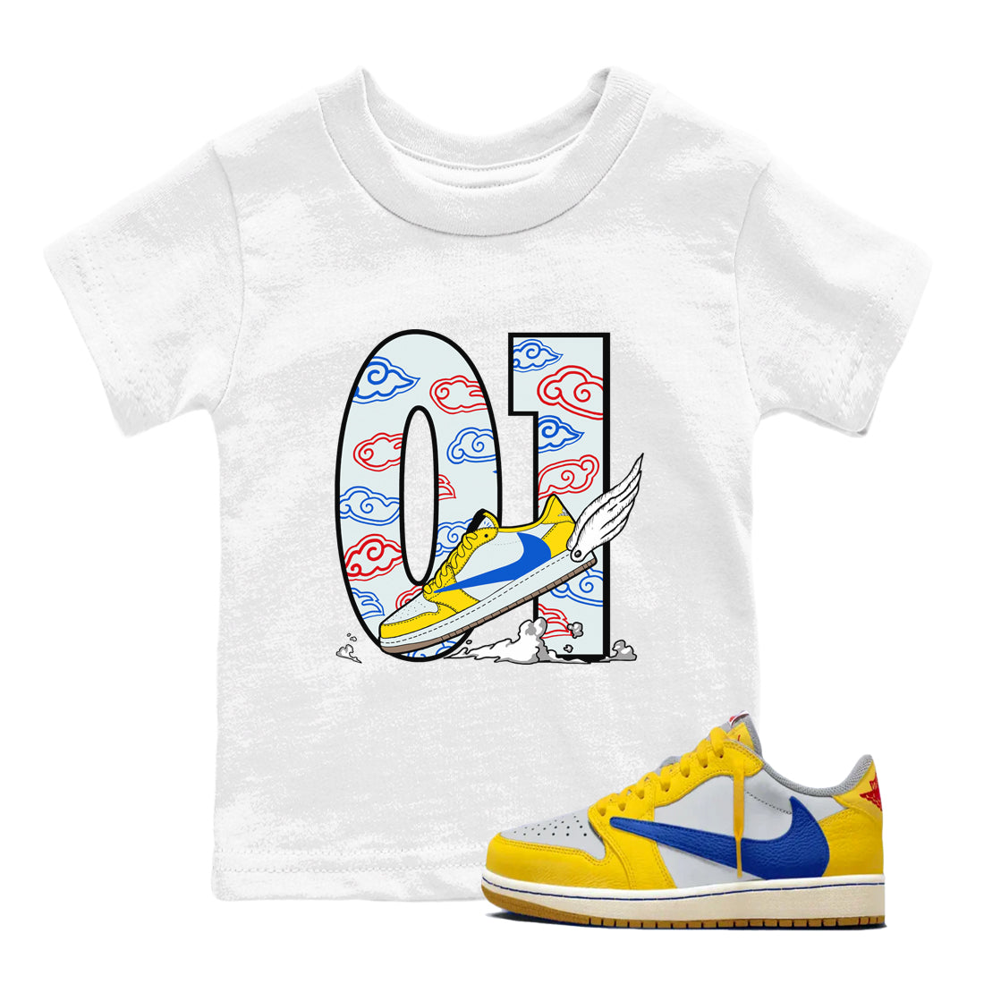 1s Travis Scott Canary shirt to match jordans Fly To The Clouds sneaker tees Air Jordan 1 Travis Scott Canary Drip Gear Zone baby toddler White 1 cotton Shirt