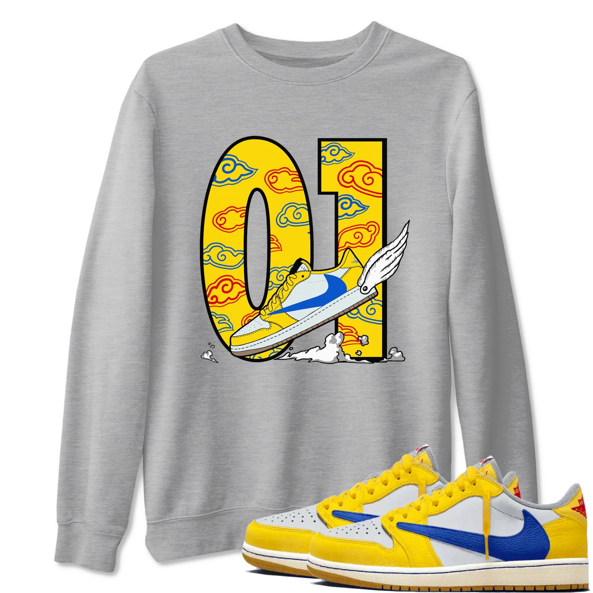 1s Travis Scott Canary shirt to match jordans Fly To The Clouds sneaker tees Air Jordan 1 Travis Scott Canary Drip Gear Zone unisex cotton Heather Grey 1 crew neck shirt