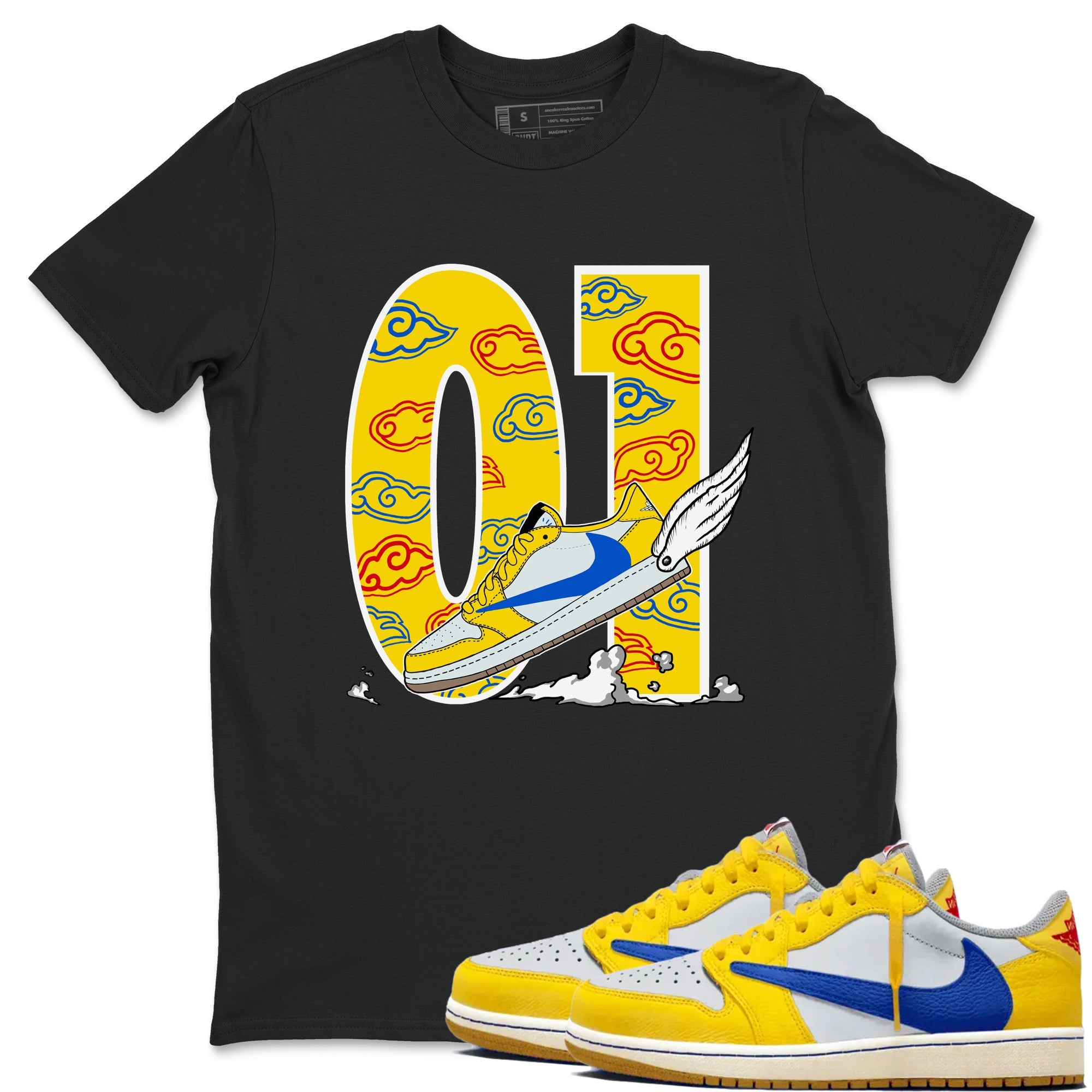 1s Travis Scott Canary shirt to match jordans Fly To The Clouds sneaker tees Air Jordan 1 Travis Scott Canary Drip Gear Zone unisex cotton Black 1 crew neck shirt