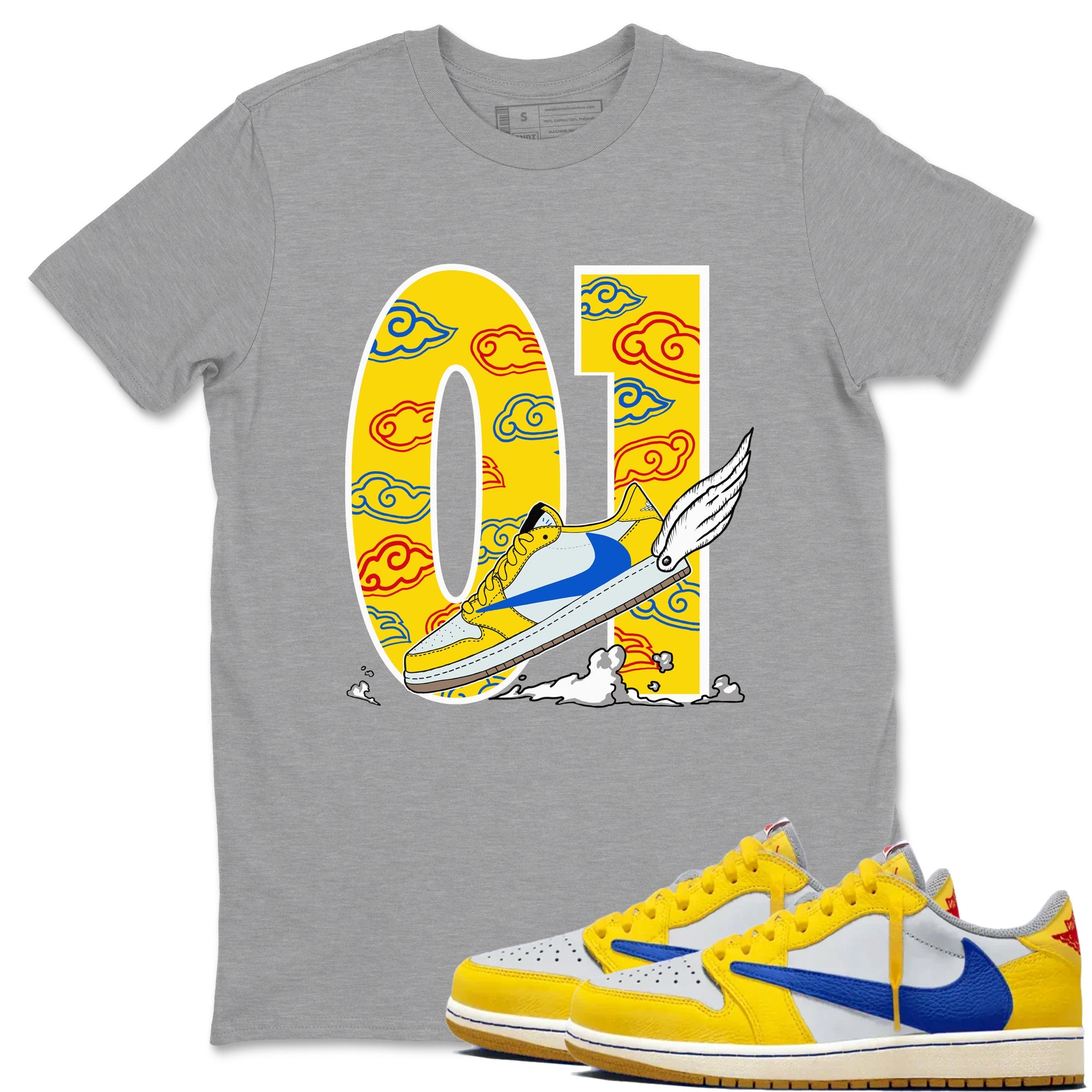 1s Travis Scott Canary shirt to match jordans Fly To The Clouds sneaker tees Air Jordan 1 Travis Scott Canary Drip Gear Zone unisex cotton Heather Grey 1 crew neck shirt