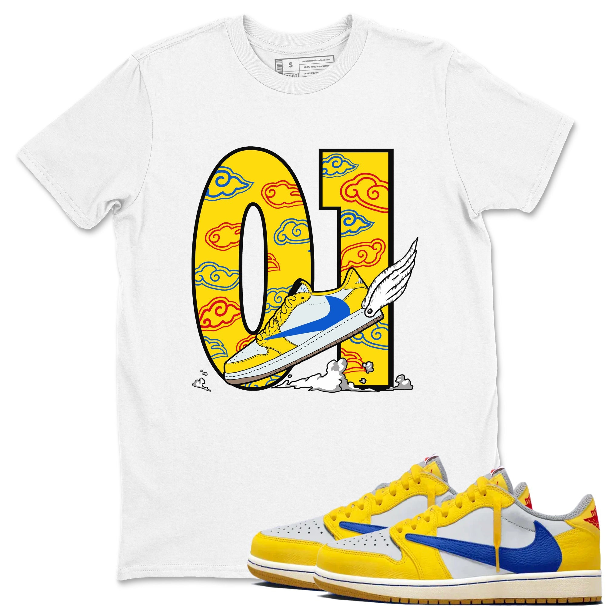 1s Travis Scott Canary shirt to match jordans Fly To The Clouds sneaker tees Air Jordan 1 Travis Scott Canary Drip Gear Zone unisex cotton White 1 crew neck shirt