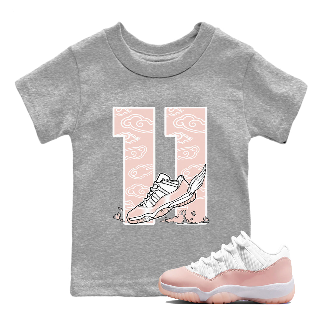 11s Legend Pink shirts to match jordans Fly To The Clouds sneaker match tees Air Jordan 11 Legend Pink Drip Gear Zone streetwear brand Baby and Youth Heather Grey 1 cotton tee