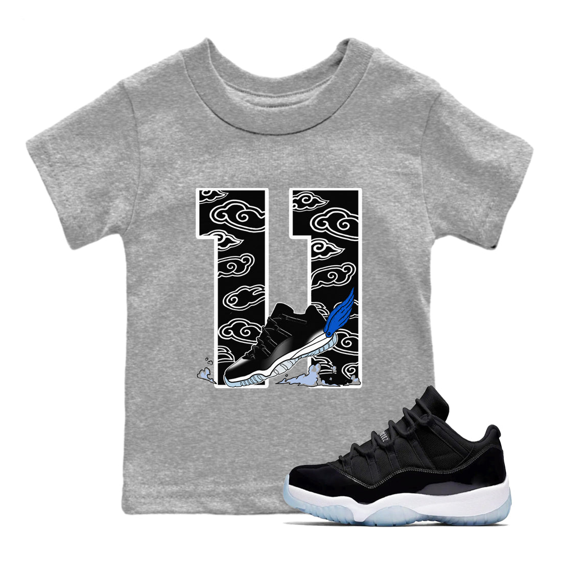 11s Low Space shirt to match jordans Fly To The Clouds sneaker tees Air Jordan 11 Low Space Drip Gear Zone baby toddler Heather Grey 1 cotton Shirt
