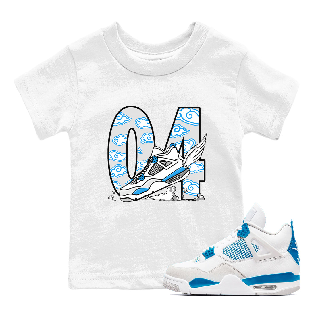 4s Military Blue shirt to match jordans Fly To The Clouds sneaker tees Air Jordan 4 Military Blue Drip Gear Zone baby toddler White 1 cotton Shirt