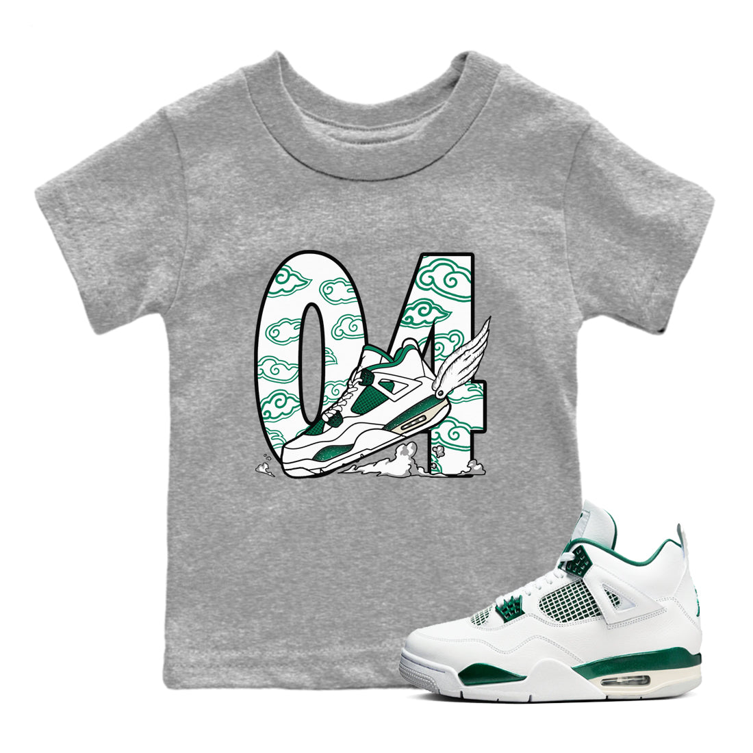 4s Oxidized Green shirts to match jordans Fly To The Clouds sneaker match tees Air Jordan 4 Oxidized Green Drip Gear Zone streetwear brand Baby and Youth Heather Grey 1 cotton tee