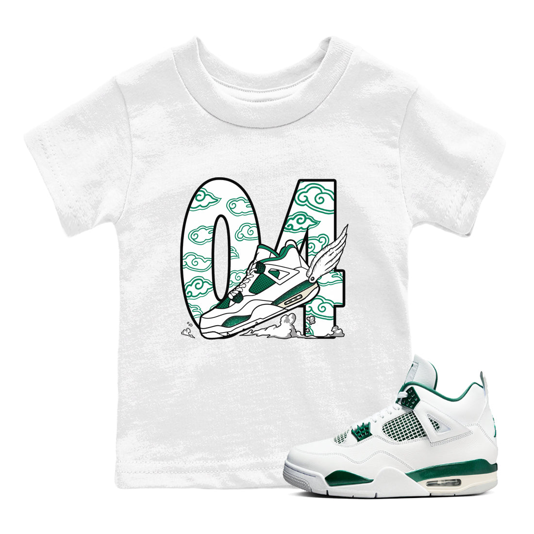 4s Oxidized Green shirts to match jordans Fly To The Clouds sneaker match tees Air Jordan 4 Oxidized Green Drip Gear Zone streetwear brand Baby and Youth White 1 cotton tee