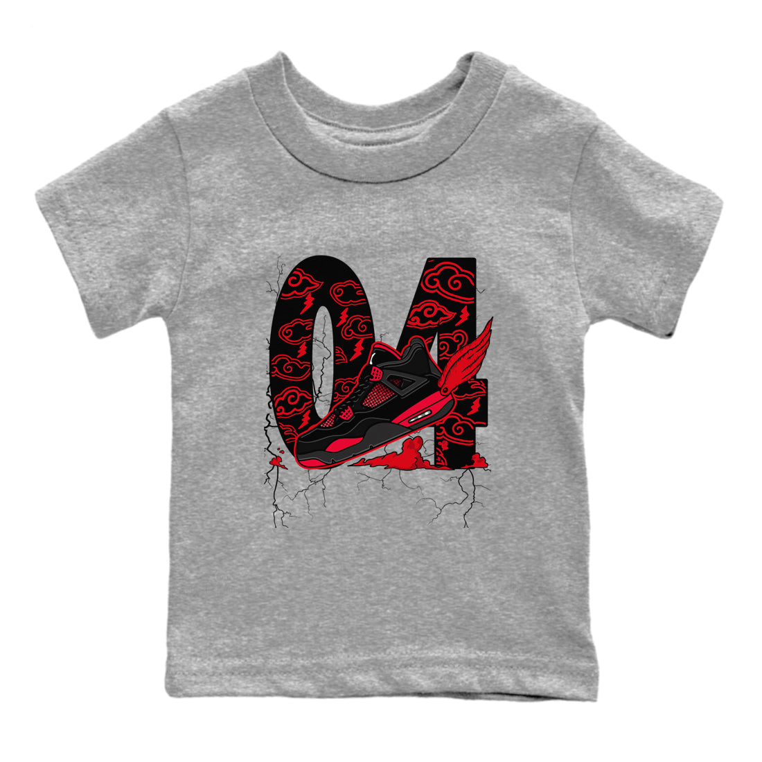 4s Red Thunder shirts to match jordans Fly To The Clouds sneaker match tees Air Jordan 4 Red Thunder Drip Gear Zone streetwear brand Baby and Youth Heather Grey 2 cotton tee