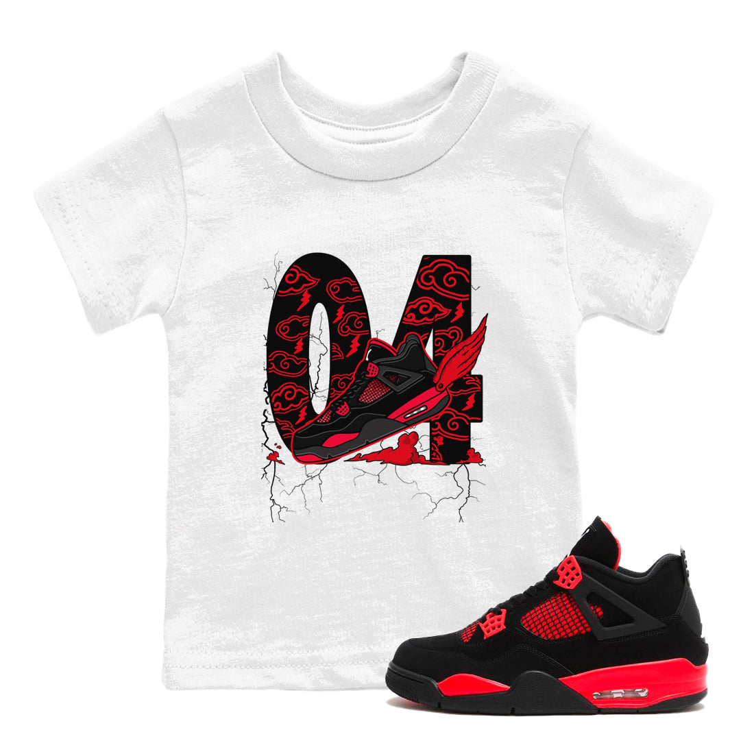4s Red Thunder shirts to match jordans Fly To The Clouds sneaker match tees Air Jordan 4 Red Thunder Drip Gear Zone streetwear brand Baby and Youth White 1 cotton tee