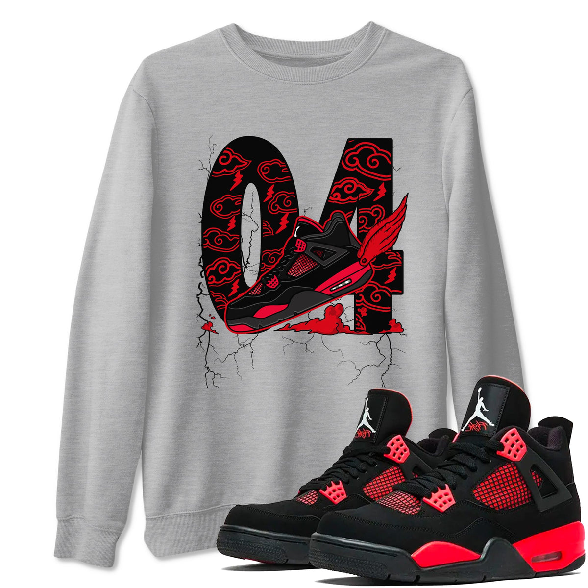 4s Red Thunder shirts to match jordans Fly To The Clouds sneaker match tees Air Jordan 4 Red Thunder Drip Gear Zone streetwear brand Heather Grey 1 unisex cotton tee