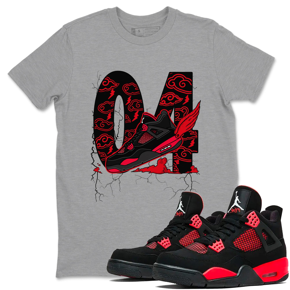 4s Red Thunder shirts to match jordans Fly To The Clouds sneaker match tees Air Jordan 4 Red Thunder Drip Gear Zone streetwear brand Heather Grey 1 unisex cotton tee