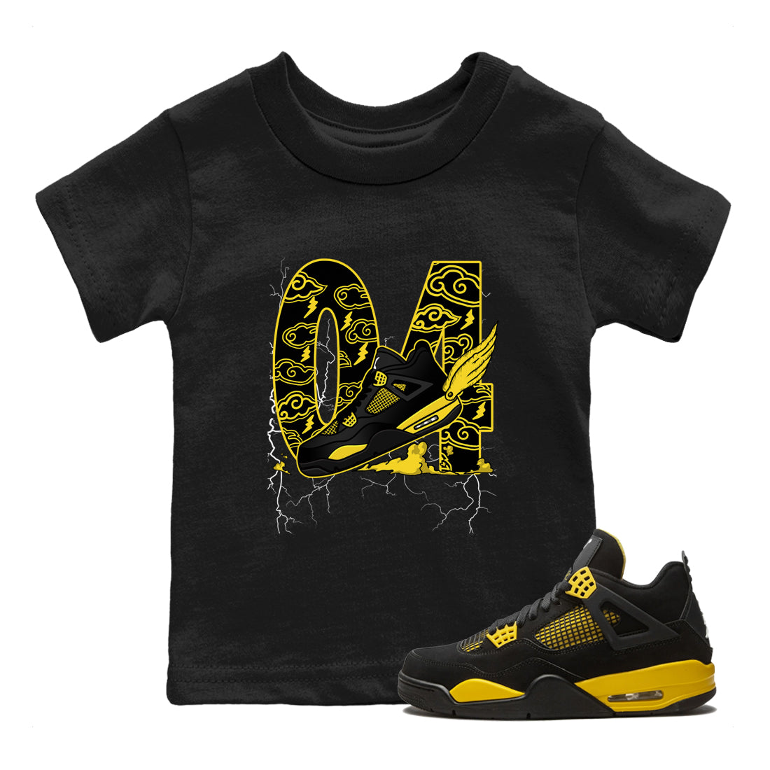 AJ4 Thunder shirts to match jordans Fly To The Clouds sneaker match tees Air Jordan 4 Thunder Drip Gear Zone streetwear brand Baby and Youth Black 1 cotton tee