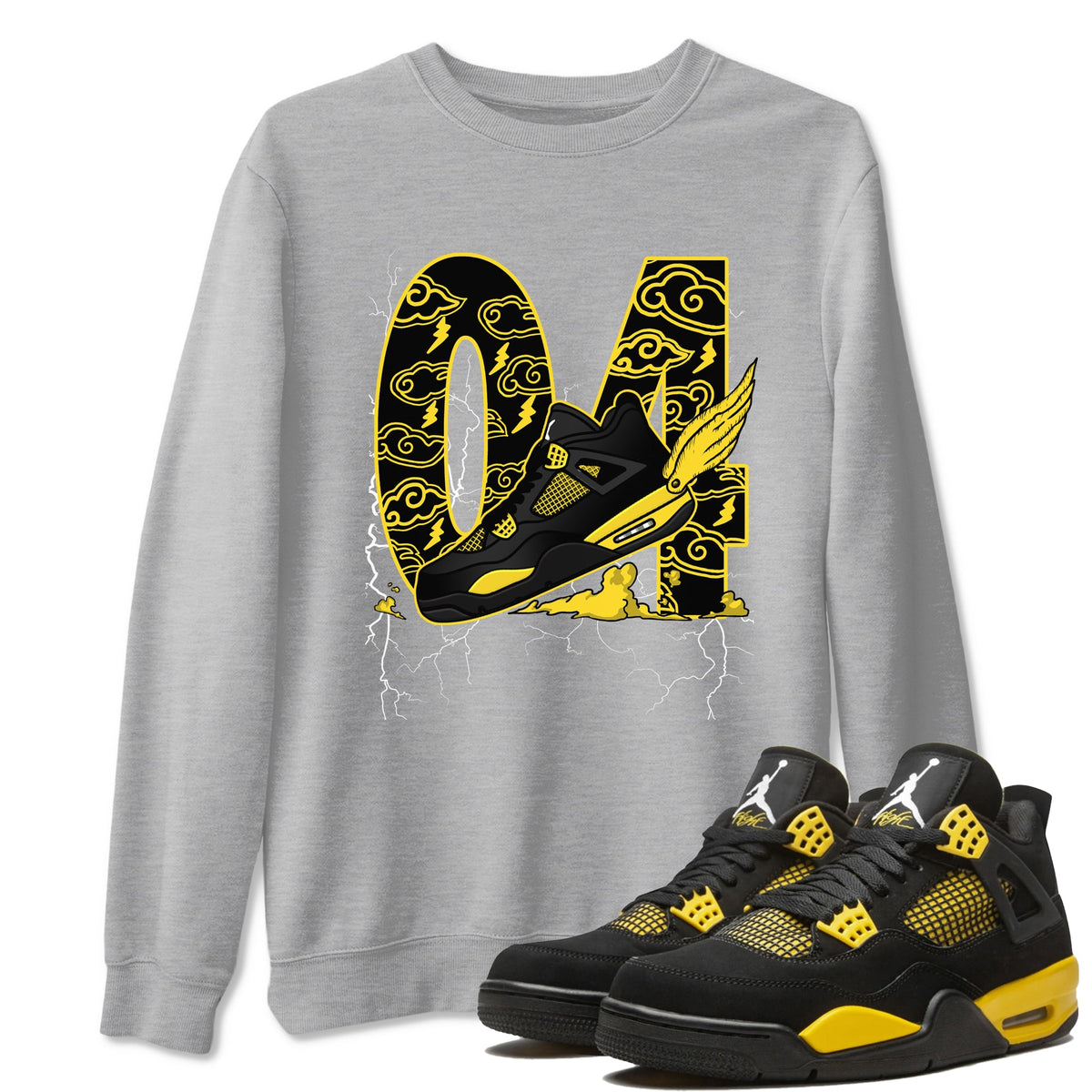 AJ4 Thunder shirts to match jordans Fly To The Clouds sneaker match tees Air Jordan 4 Thunder Drip Gear Zone streetwear brand Heather Grey 1 unisex cotton tee