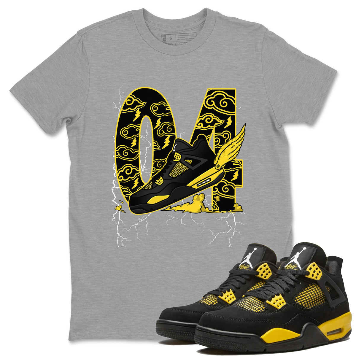 AJ4 Thunder shirts to match jordans Fly To The Clouds sneaker match tees Air Jordan 4 Thunder Drip Gear Zone streetwear brand Heather Grey 1 unisex cotton tee