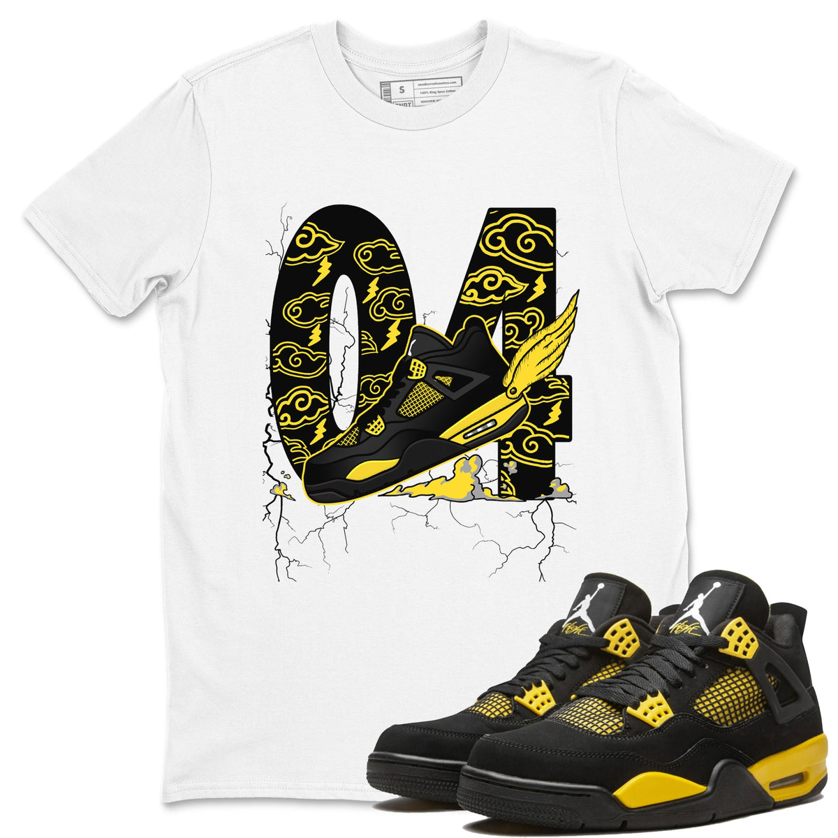 AJ4 Thunder shirts to match jordans Fly To The Clouds sneaker match tees Air Jordan 4 Thunder Drip Gear Zone streetwear brand White 1 unisex cotton tee