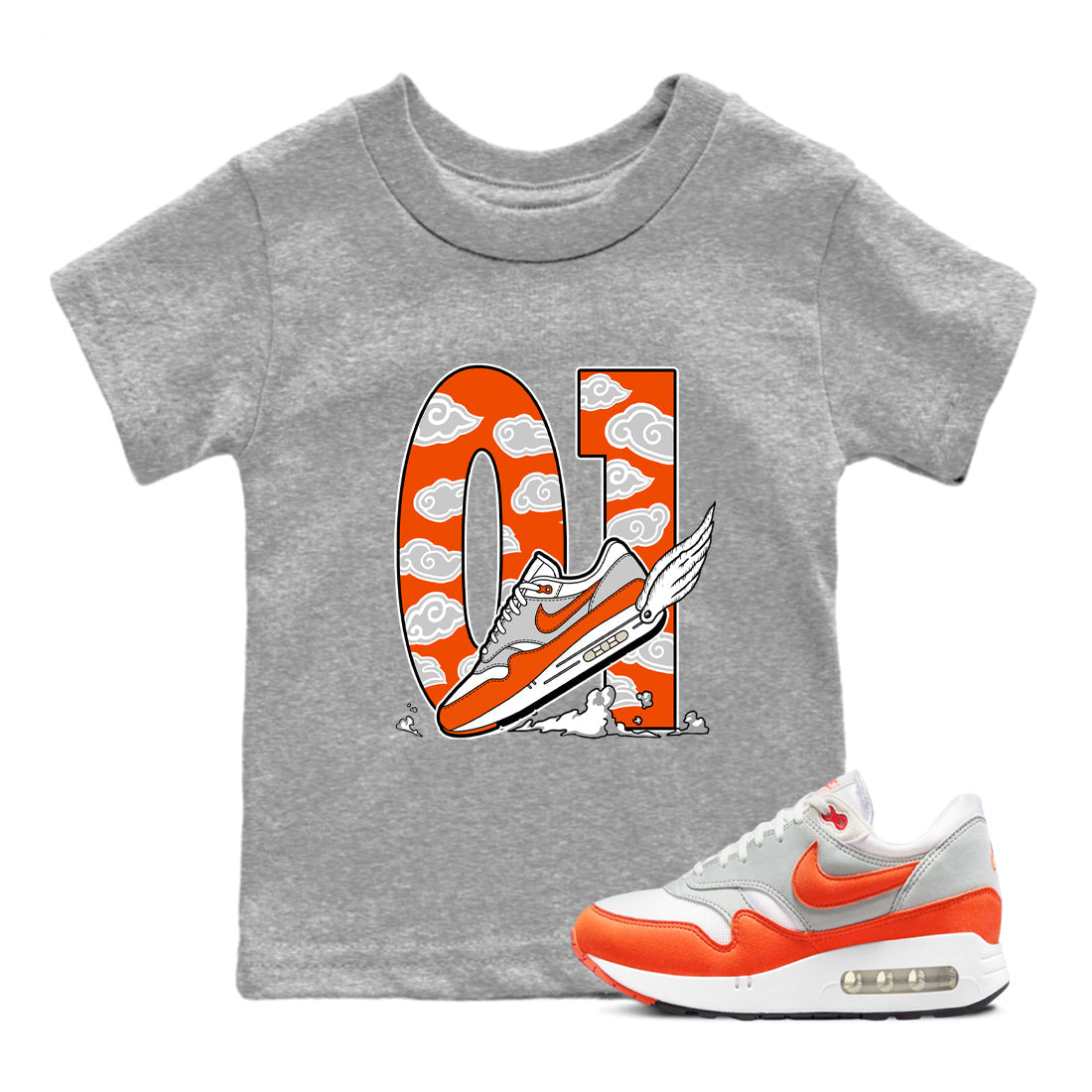 Air Max 1 OG '86 'Summit White and Cosmic Clay shirts to match jordans Fly To The Clouds sneaker match tees Air Max 1 Cosmic Clay match shoes to clothes Drip Gear Zone Youth Baby Heather Grey 1 tee