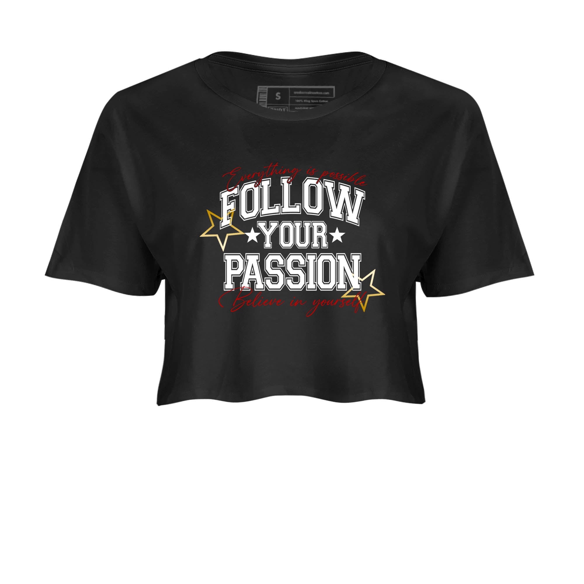 Sneaker Threads  Sneaker Tees To Match Air Jordan 12 Taxi  Follow Your Passion Crop Tee Black 2. Perfect for Jordan releases 2025 colorways.