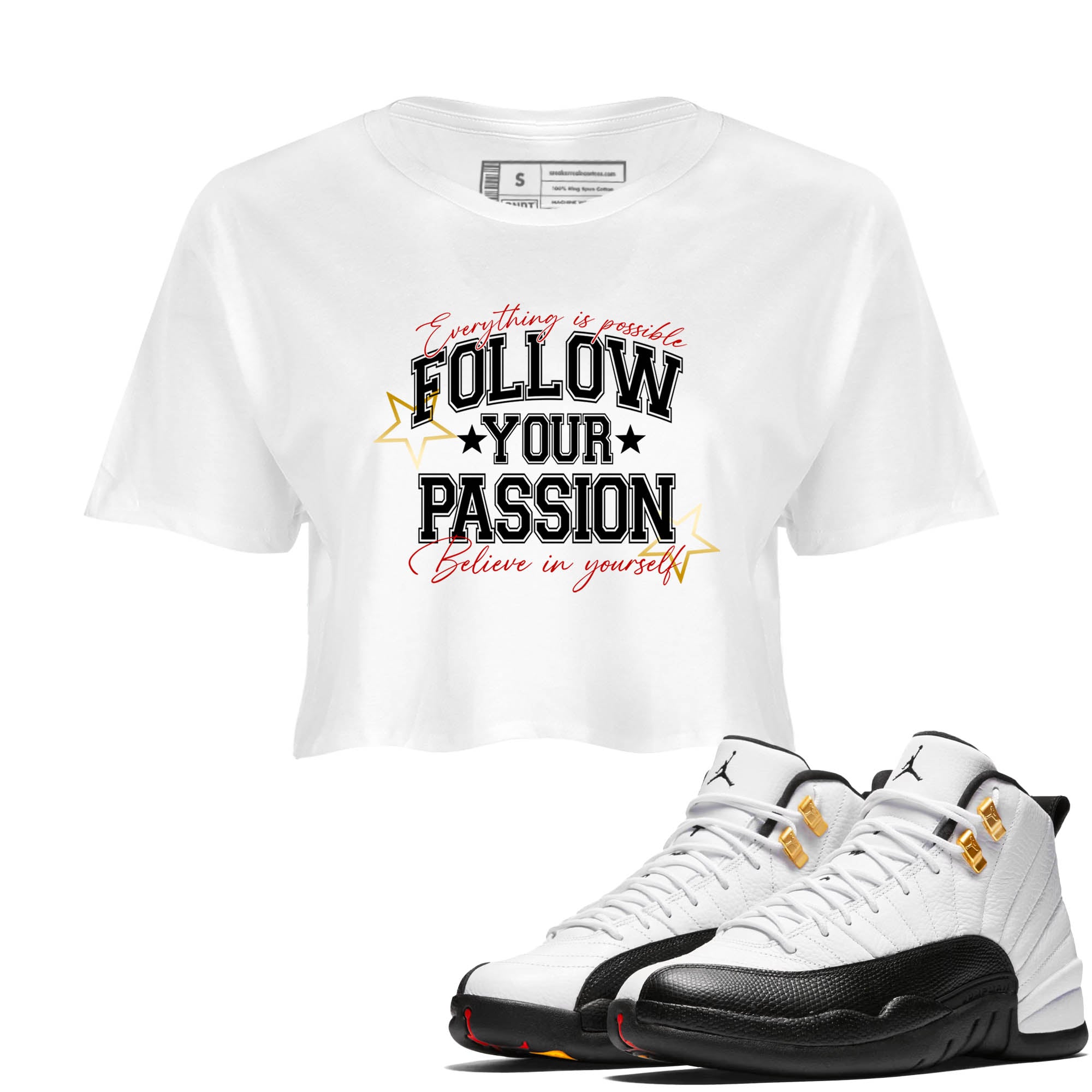 Sneaker Threads  Sneaker Tees To Match Air Jordan 12 Taxi  Follow Your Passion Crop Tee White 1. Perfect for Jordan releases 2025 colorways.
