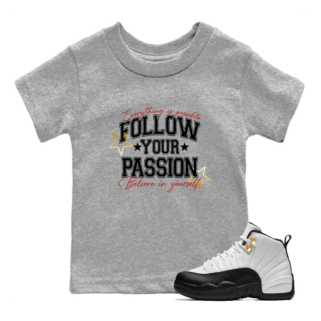 Sneaker Threads  Sneaker Tees To Match Air Jordan 12 Taxi  Follow Your Passion Youth Graphic Tee Heather Grey 1. Perfect for Jordan releases 2025 colorways.