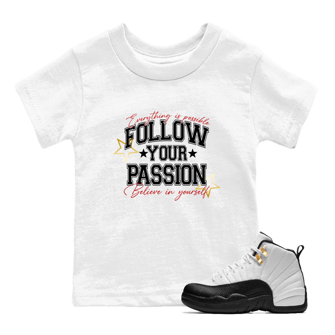 Sneaker Threads  Sneaker Tees To Match Air Jordan 12 Taxi  Follow Your Passion Youth Graphic Tee White 1. Perfect for Jordan releases 2025 colorways.