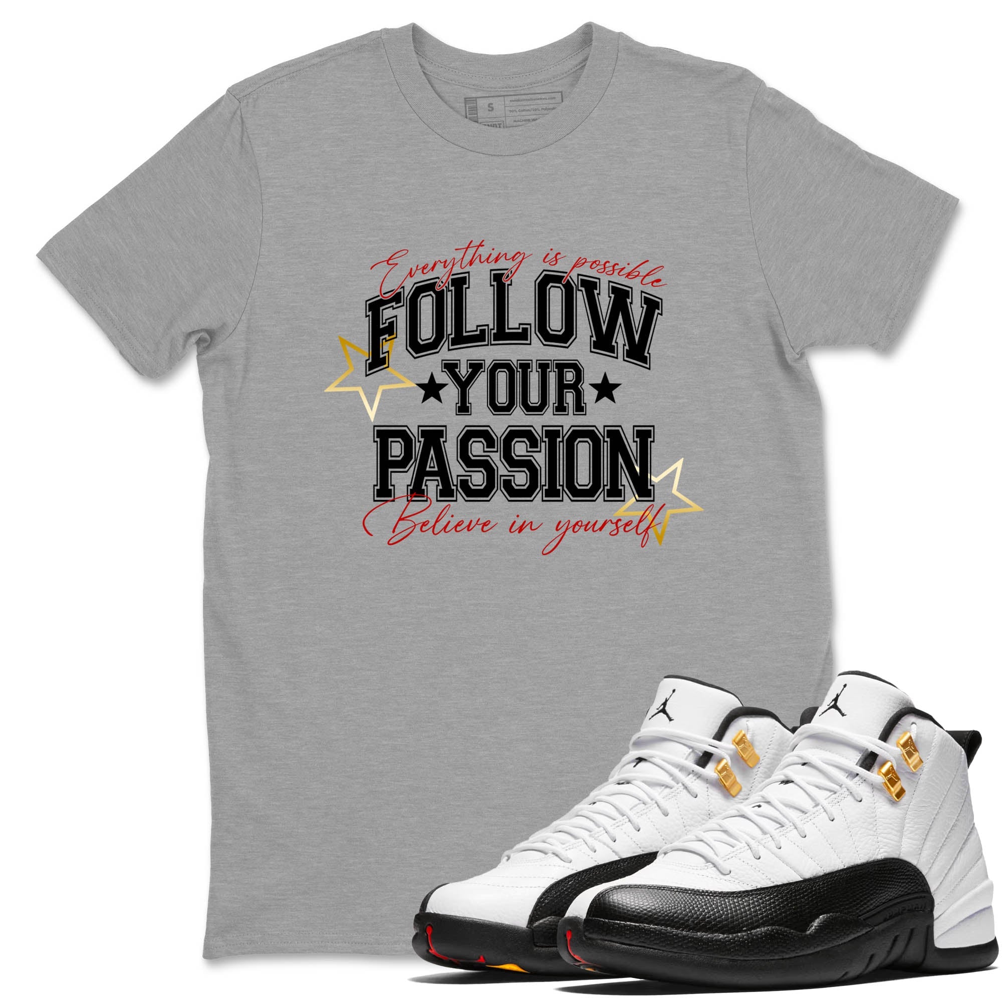 Sneaker Threads  Sneaker Tees To Match Air Jordan 12 Taxi  Follow Your Passion Graphic Tee Heather Grey 1. Perfect for Jordan releases 2025 colorways.