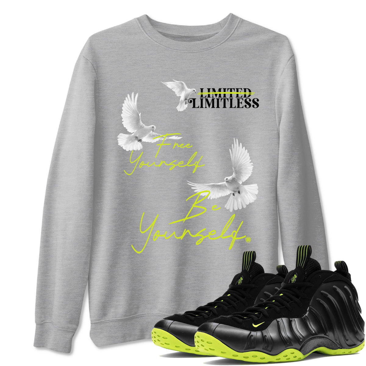 Foams One Black Volt shirts to match jordans Free Yourself Be Yourself sneaker match tees Air Foamposite One Black Volt match shoes to clothes Drip Gear Zone unisex cotton Heather Grey 1 shirts