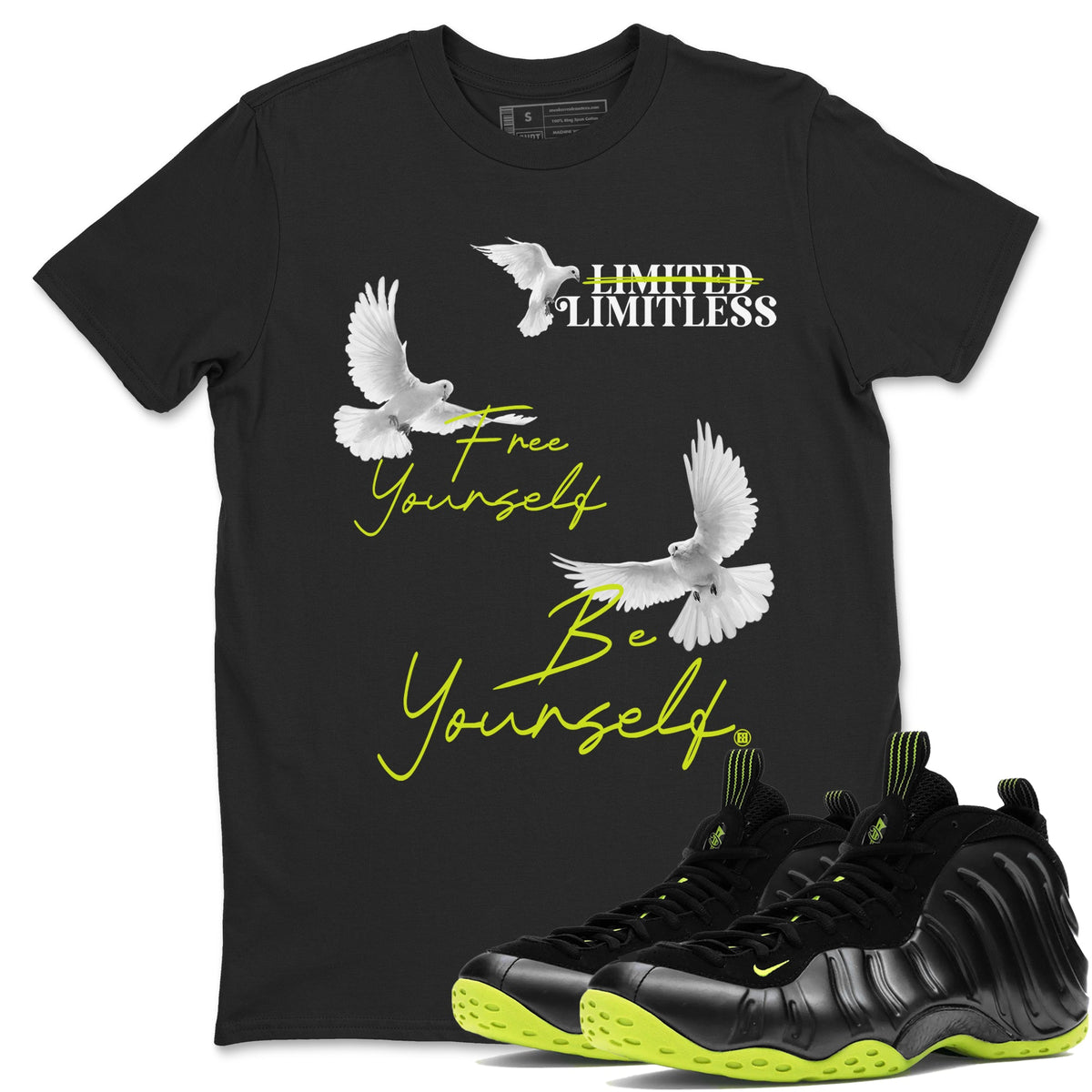 Foams One Black Volt shirts to match jordans Free Yourself Be Yourself sneaker match tees Air Foamposite One Black Volt match shoes to clothes Drip Gear Zone unisex cotton Black 1 shirts