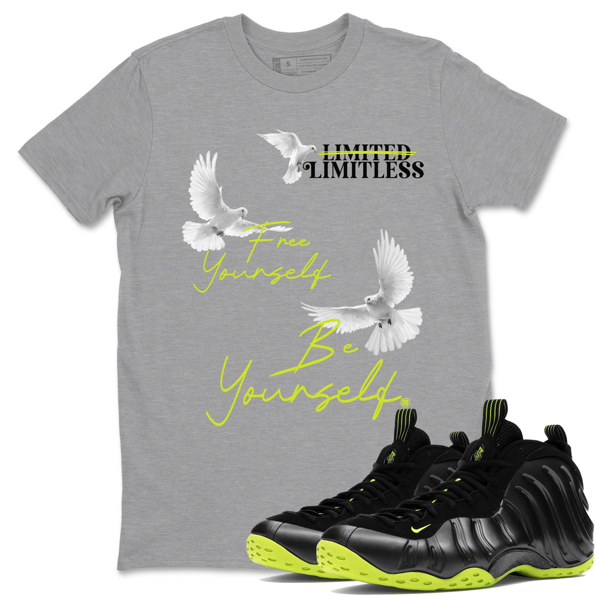 Foams One Black Volt shirts to match jordans Free Yourself Be Yourself sneaker match tees Air Foamposite One Black Volt match shoes to clothes Drip Gear Zone unisex cotton Heather Grey 1 shirts