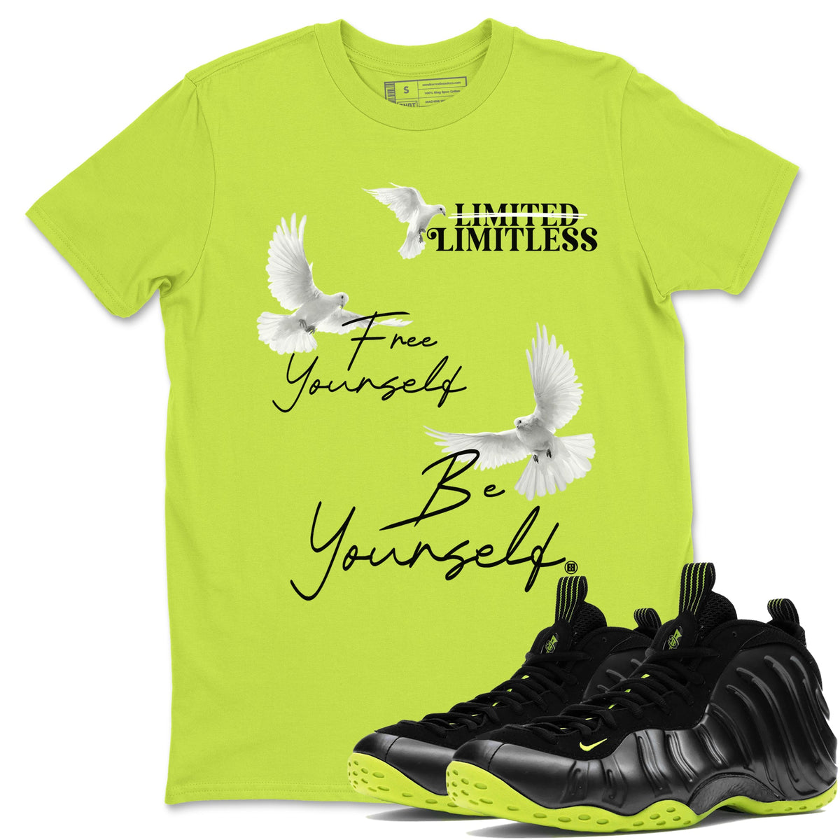 Foams One Black Volt shirts to match jordans Free Yourself Be Yourself sneaker match tees Air Foamposite One Black Volt match shoes to clothes Drip Gear Zone unisex cotton Safety Green 1 shirts