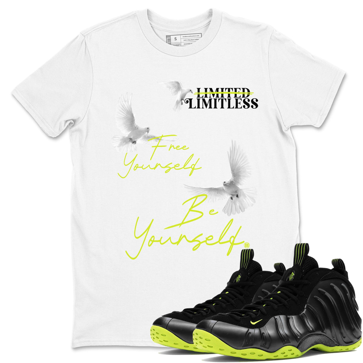 Foams One Black Volt shirts to match jordans Free Yourself Be Yourself sneaker match tees Air Foamposite One Black Volt match shoes to clothes Drip Gear Zone unisex cotton White 1 shirts
