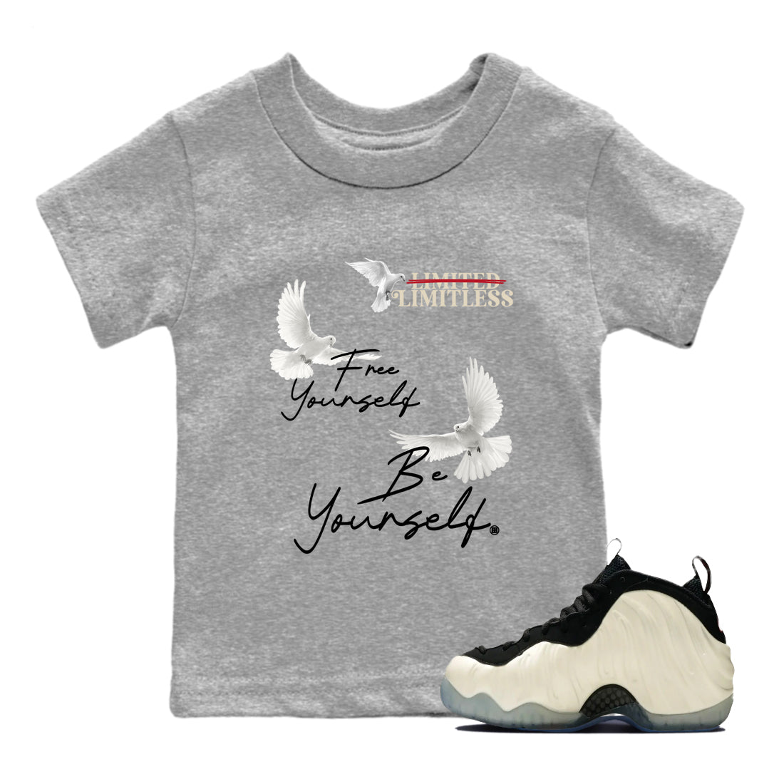 Sneaker Threads  Sneaker Tees To Match Air Foamposite One Pearl  Free Yourself Be Yourself Youth Graphic Tee Heather Grey 1. Perfect for Jordan releases 2025 colorways.