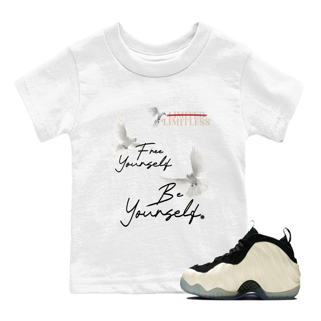 Sneaker Threads  Sneaker Tees To Match Air Foamposite One Pearl  Free Yourself Be Yourself Youth Graphic Tee White 1. Perfect for Jordan releases 2025 colorways.