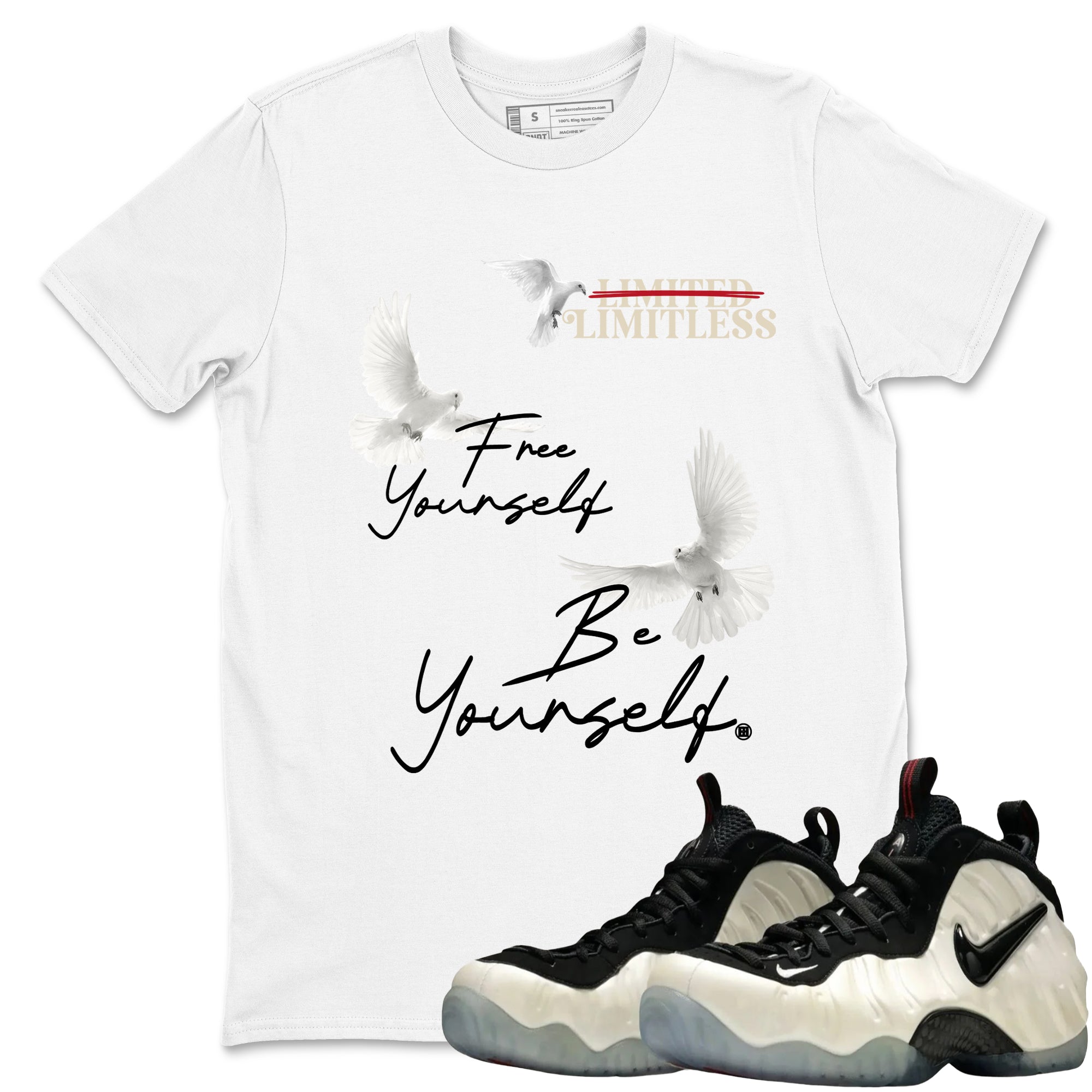 Sneaker Threads  Sneaker Tees To Match Air Foamposite One Pearl  Free Yourself Be Yourself Graphic Tee White 1. Perfect for Jordan releases 2025 colorways.