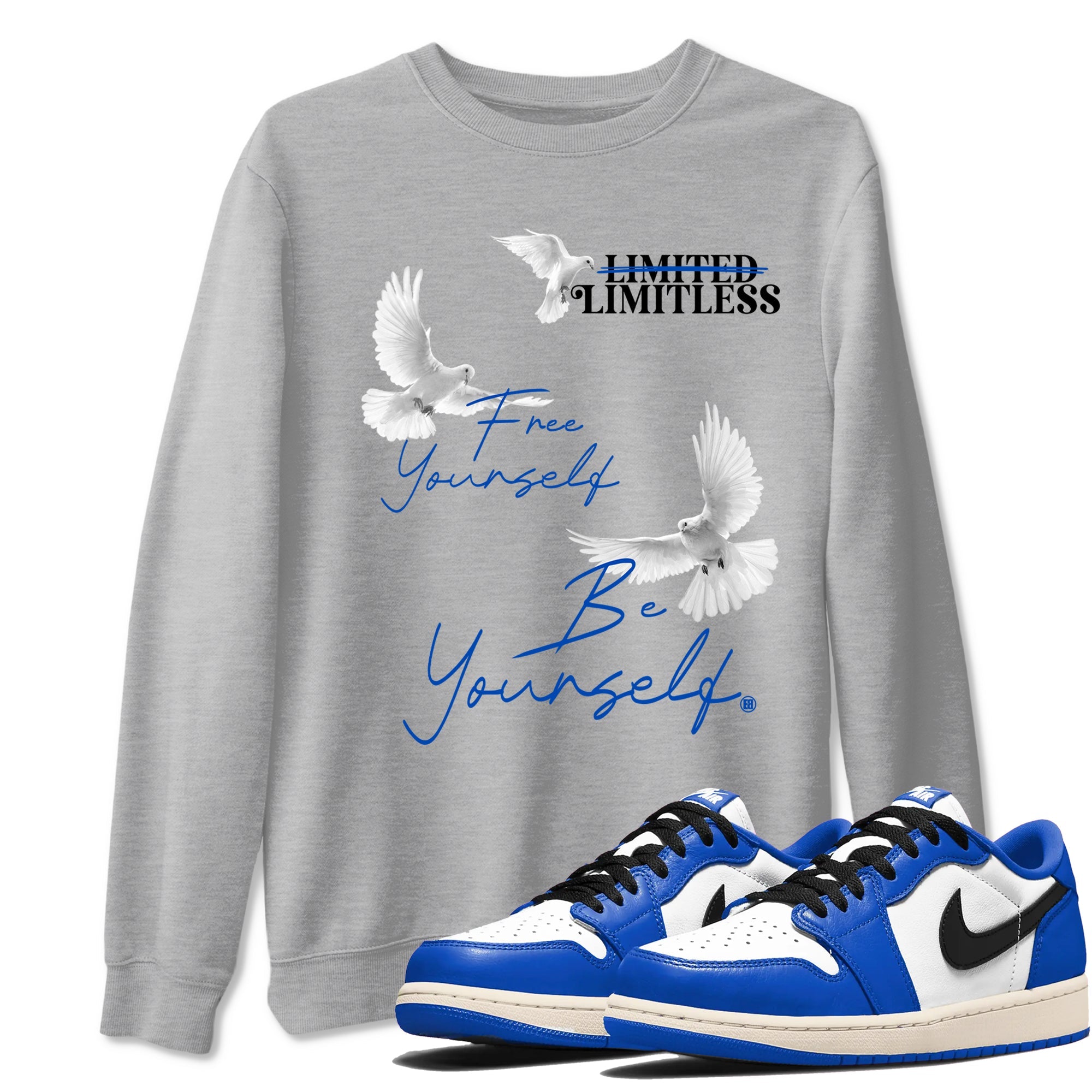 1s Game Royal shirts to match jordans Free Yourself Be Yourself sneaker match tees Air Jordan 1 Game Royal match shoes to clothes Drip Gear Zone unisex cotton Heather Grey 1 shirts